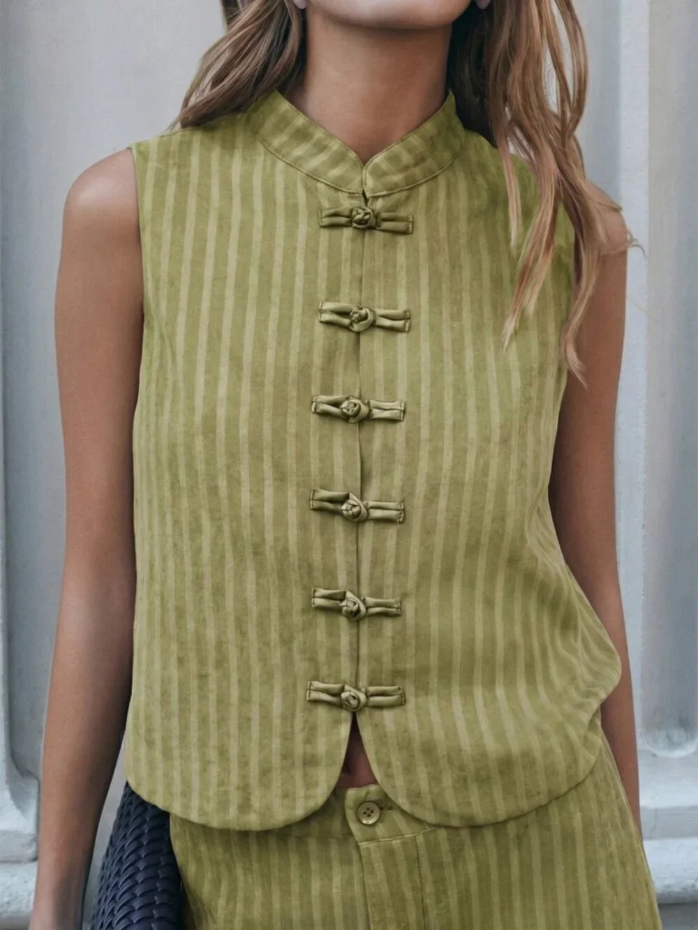 Green Casual Women's Sleeveless Vest And Wide-Leg Pants Set